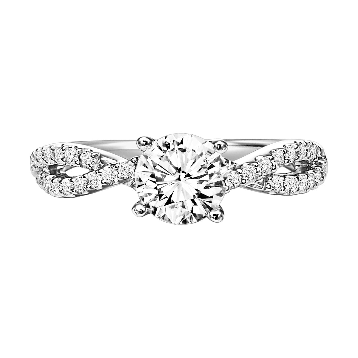 This engagement ring features a diamond prong set band with a delicate twist design elegantly leading up to the round center diamond for an alluring look