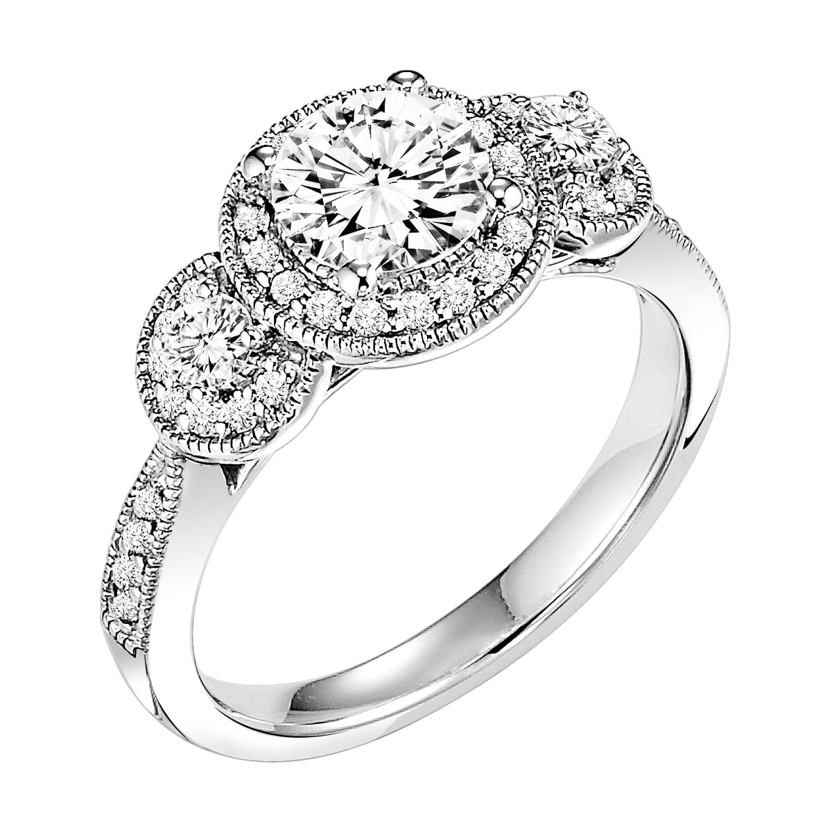 Fusing glamour and vintage flair, this 3-stone round diamond engagement ring features a prong set diamond halo and band with milgrain detailing