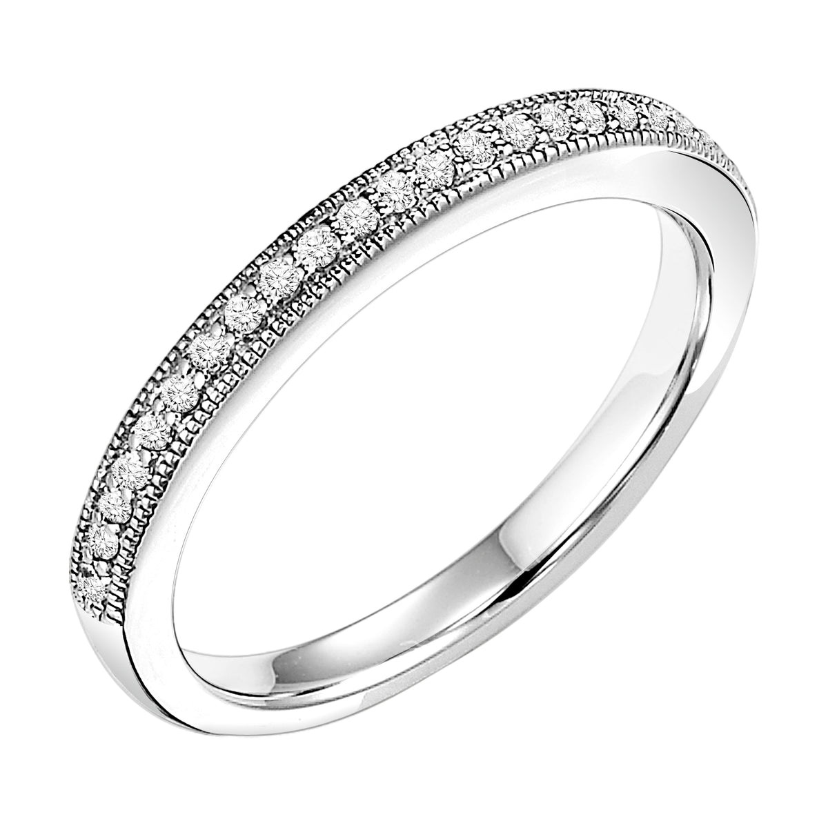 Wedding band with  bead set, round diamonds and milgrain.