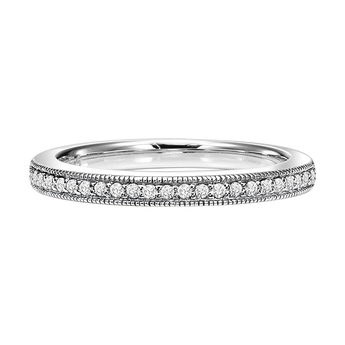 Wedding band with  bead set, round diamonds and milgrain.