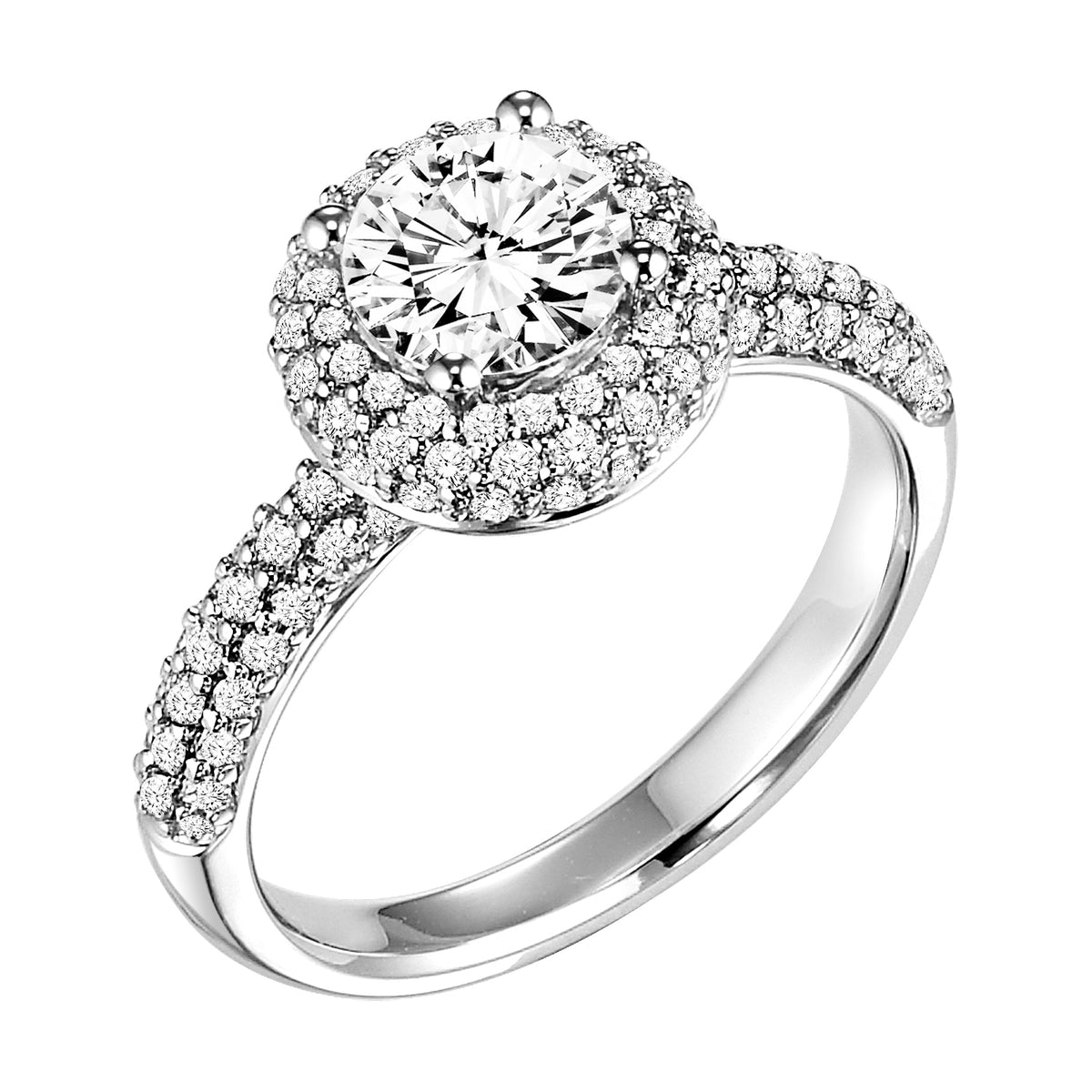 This breathtaking multi-row diamond pave halo and band gracefully accentuate the cushion cut diamond center stone and create a aura of intense sparkle