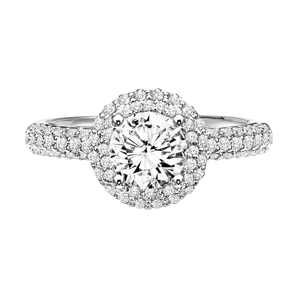 This breathtaking multi-row diamond pave halo and band gracefully accentuate the cushion cut diamond center stone and create a aura of intense sparkle