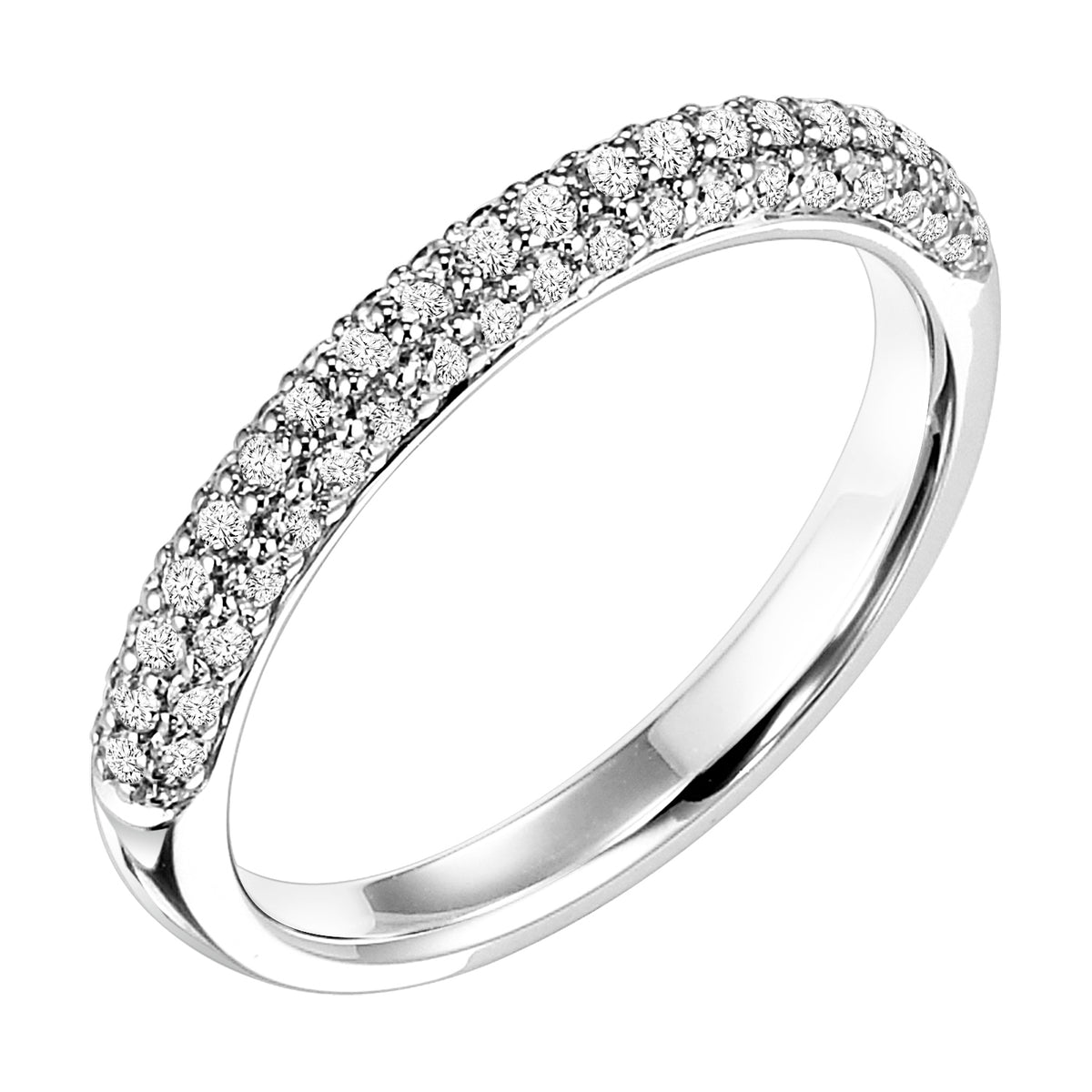 Wedding band with multi-row, bead set, round diamonds.