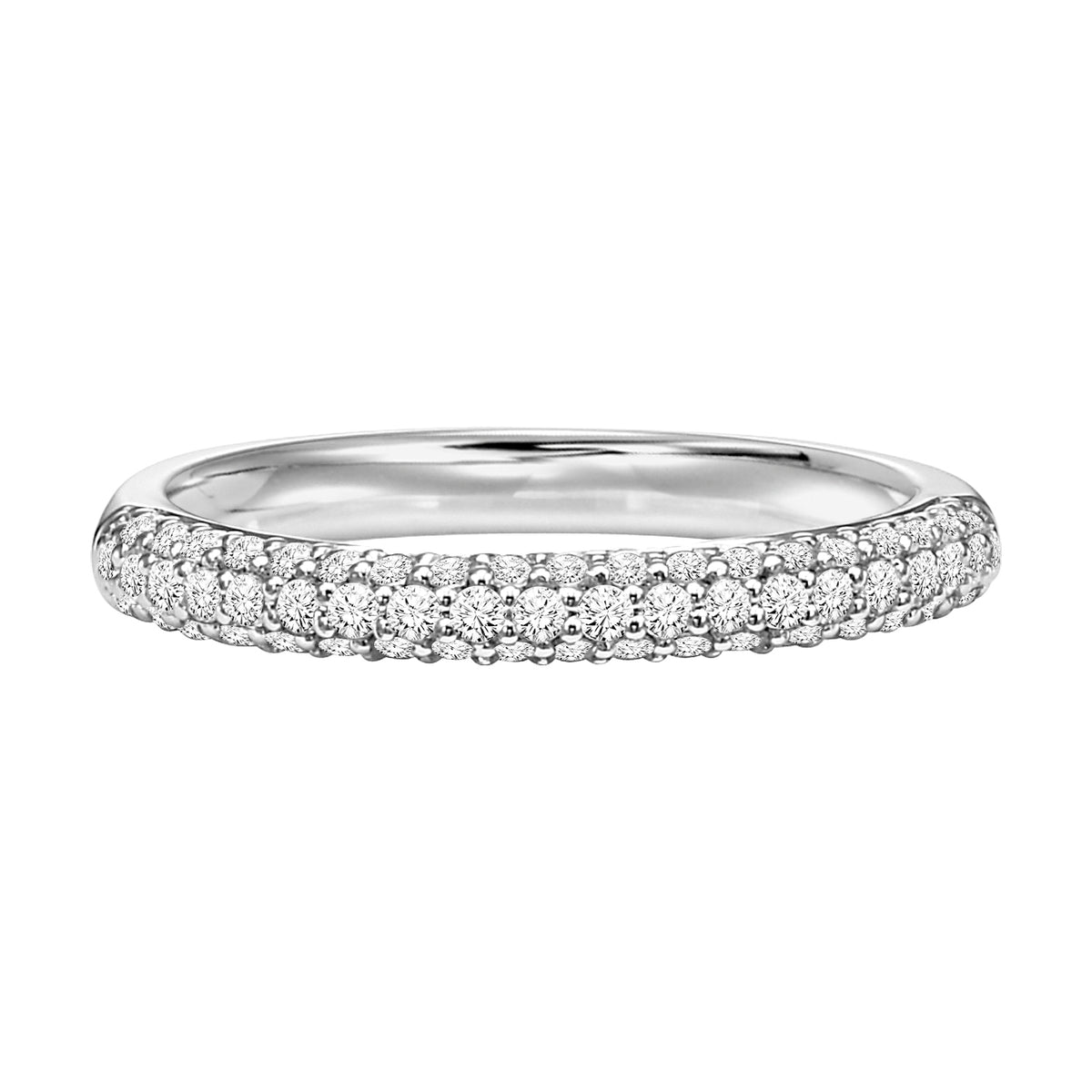 Wedding band with multi-row, bead set, round diamonds.