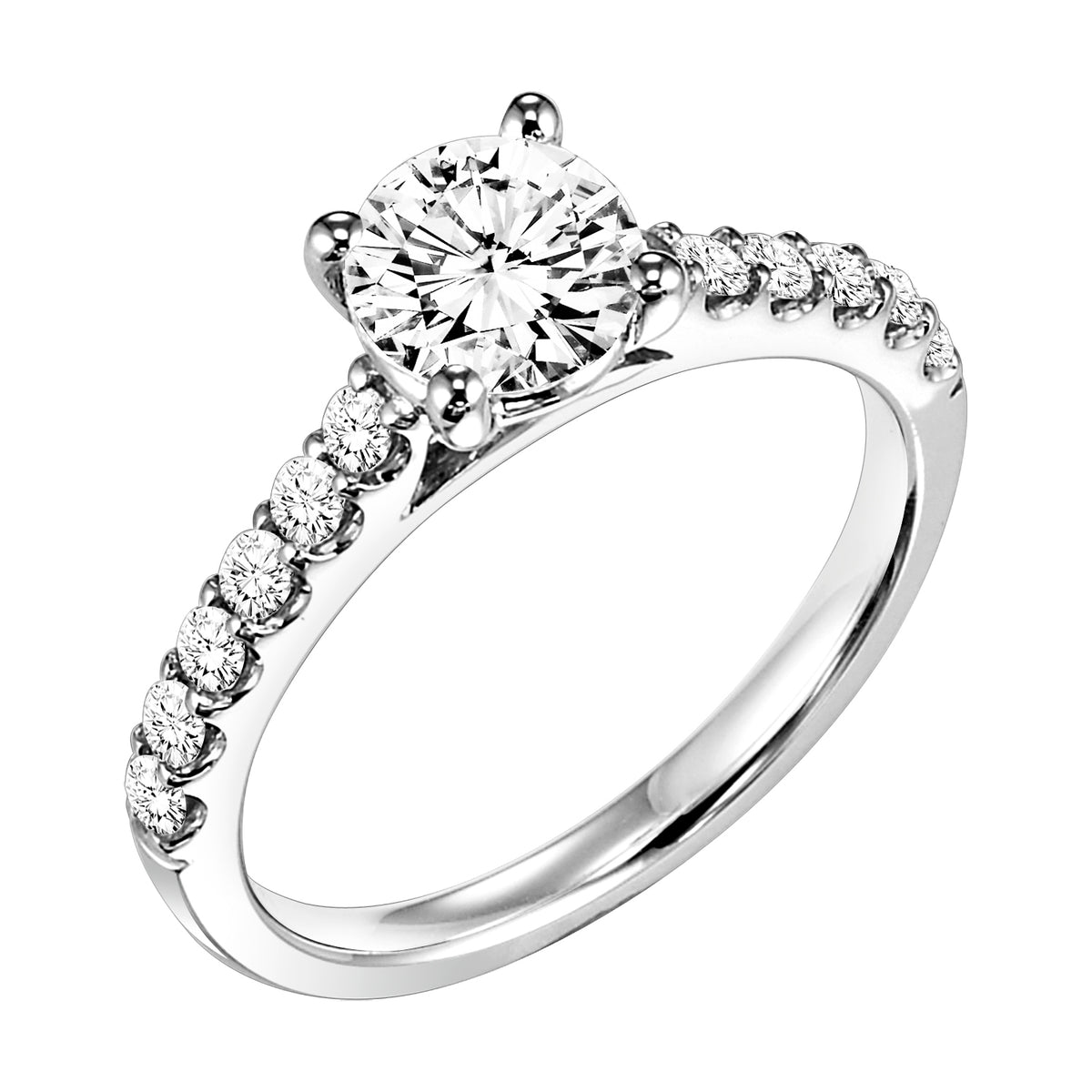 Round prong set diamonds grace the band of this engagement ring featuring a brilliant round diamond center stone for a timeless yet class look