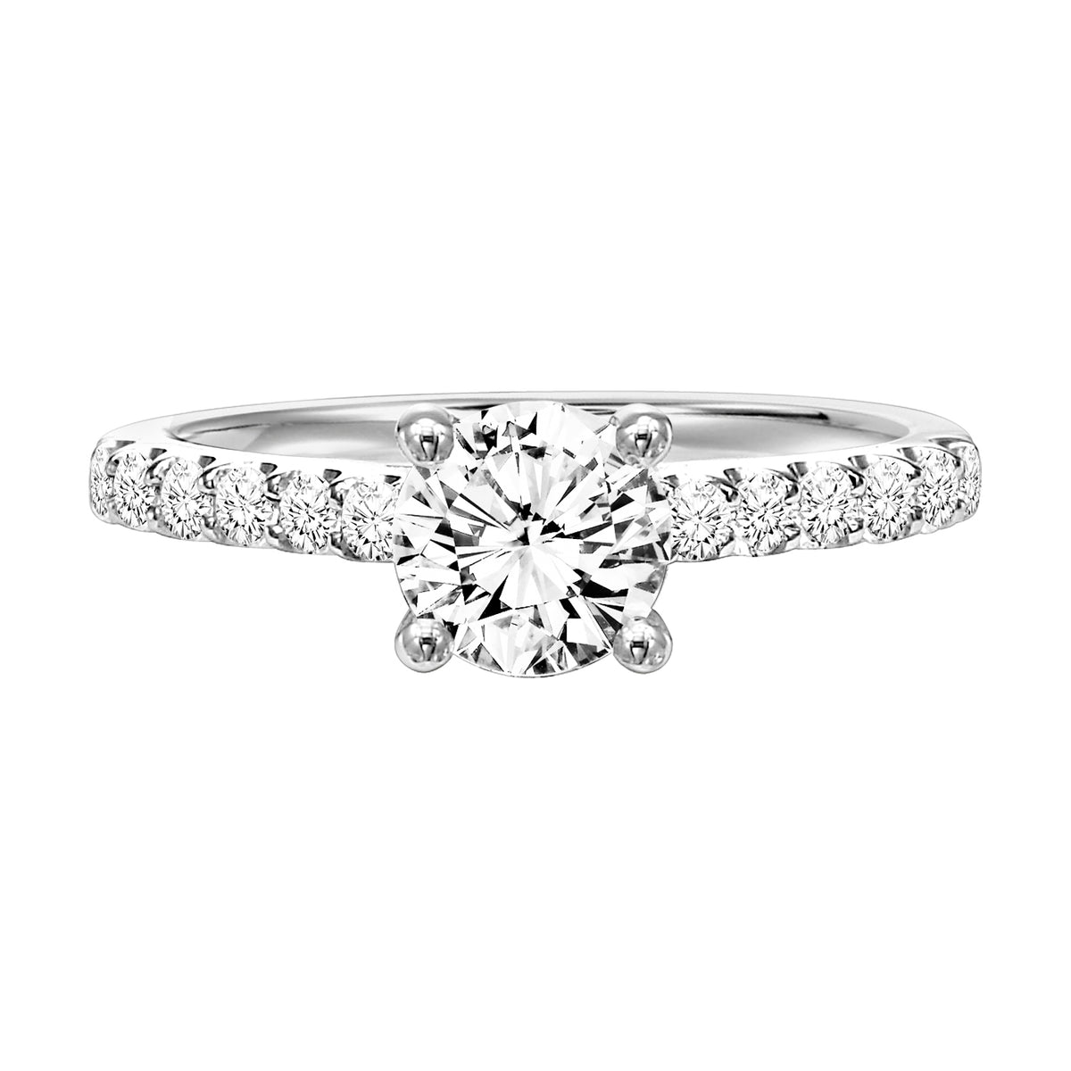 Round prong set diamonds grace the band of this engagement ring featuring a brilliant round diamond center stone for a timeless yet class look