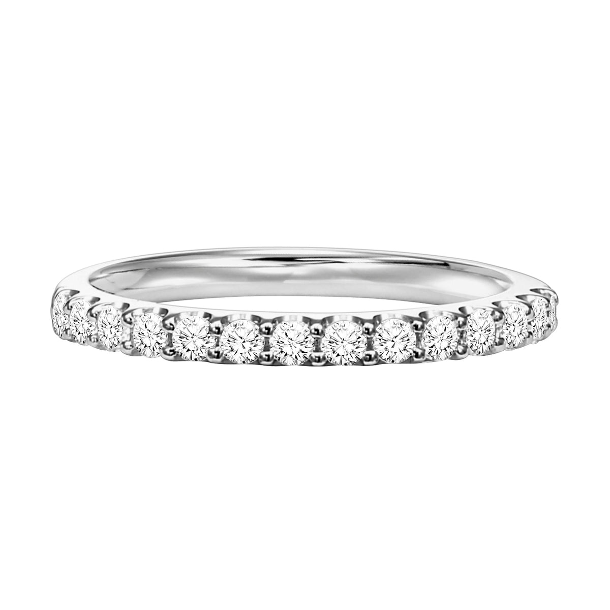 Wedding band with shared prong set, round diamonds.