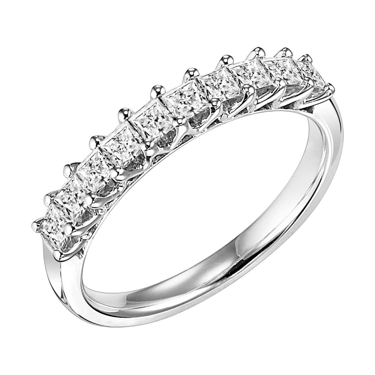 Wedding band with shared prong set, princess cut diamonds.