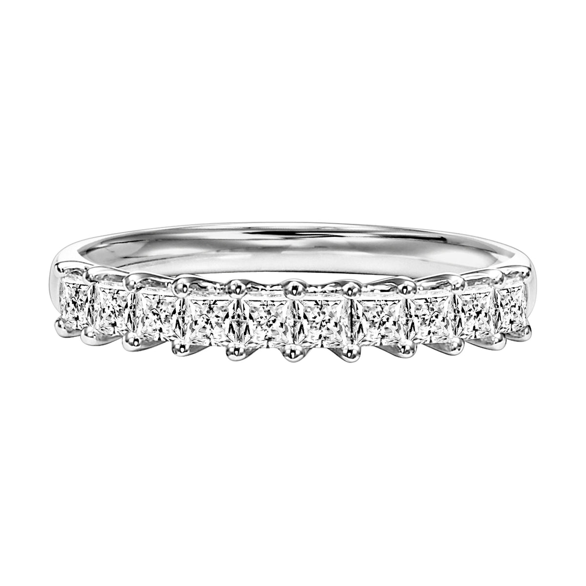 Wedding band with shared prong set, princess cut diamonds.