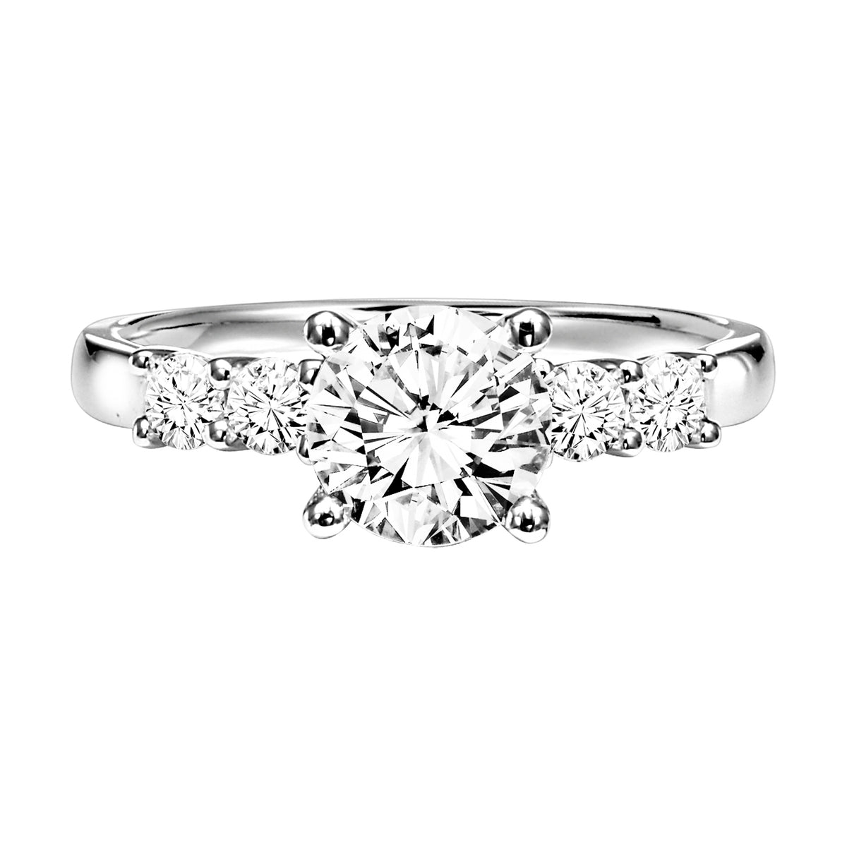 Featuring a brilliant round diamond center stone with a two prong set round diamonds on each side with a high polished band, this engagement ring is simply stunning
