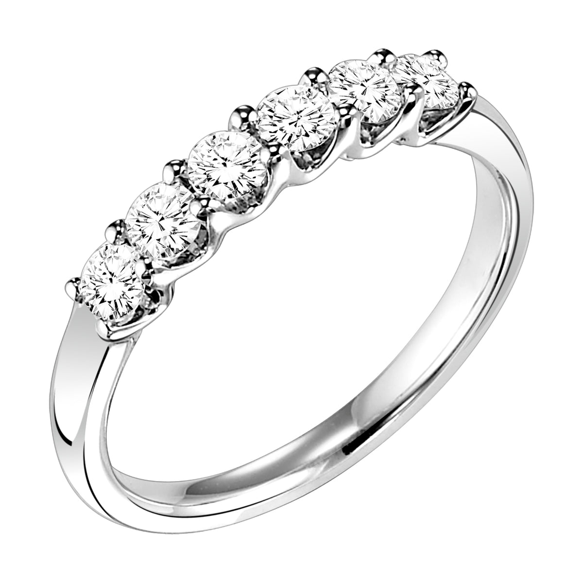 Wedding band with six, shared prong set, round diamonds and high polished shank.