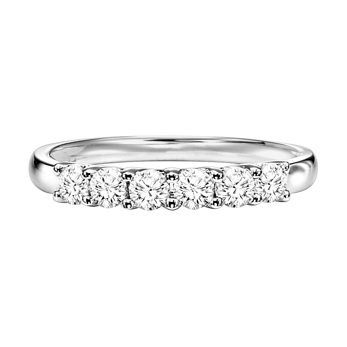 Wedding band with six, shared prong set, round diamonds and high polished shank.