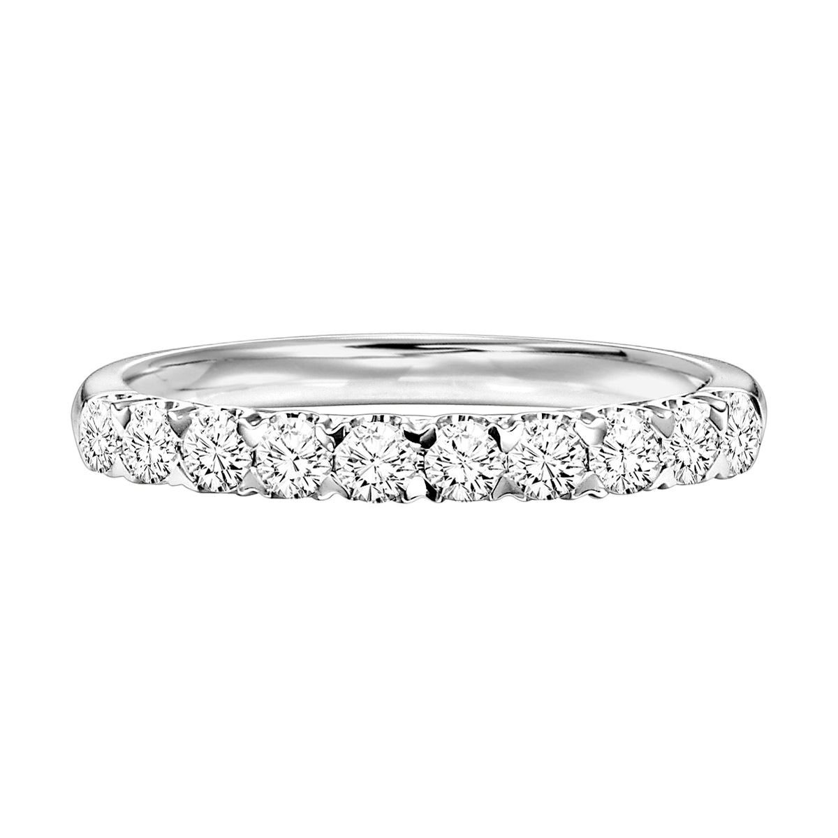 Wedding band with shared prong set, round diamonds.