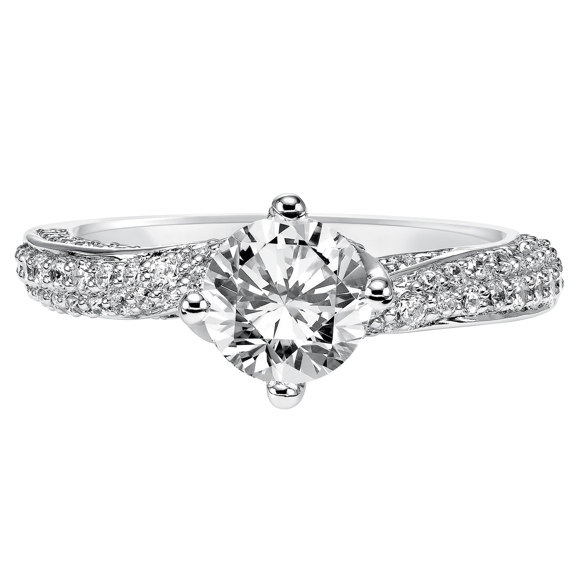Gorgeous curves of diamond pave grace the band of this diamond engagement ring for a romantic look