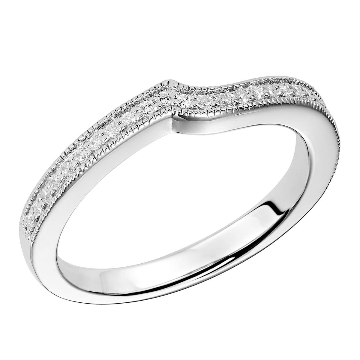 Wedding band with round diamonds and milgrain designed to fit flush with matching engagement ring.