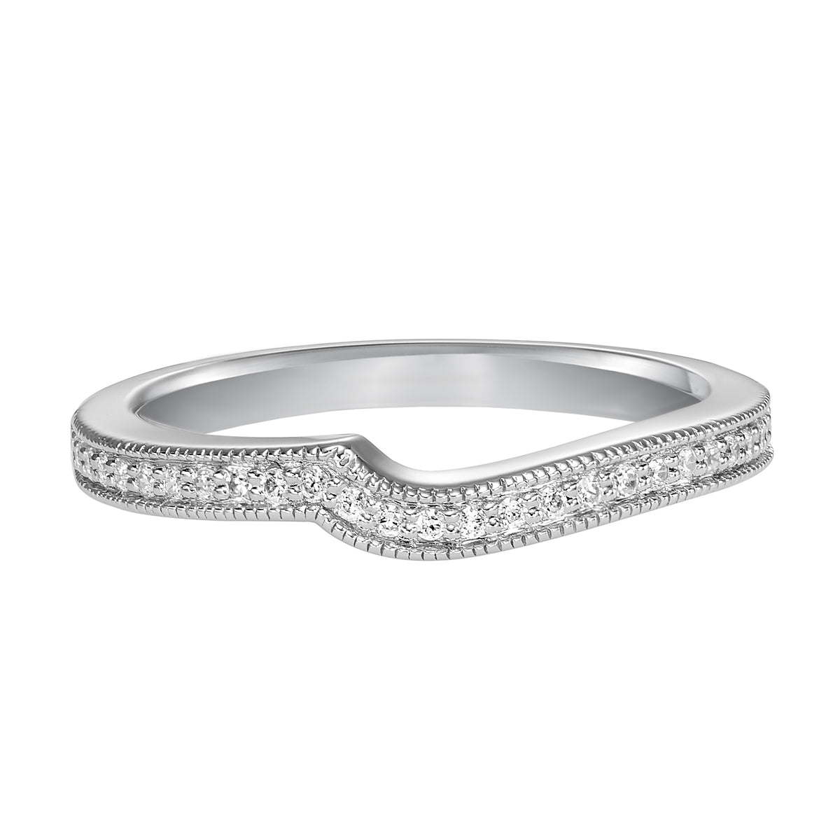 Wedding band with round diamonds and milgrain designed to fit flush with matching engagement ring.
