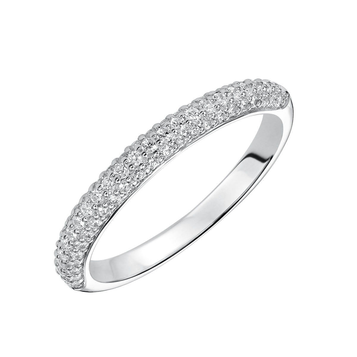 Wedding band with multi-row, bead set, round diamonds.