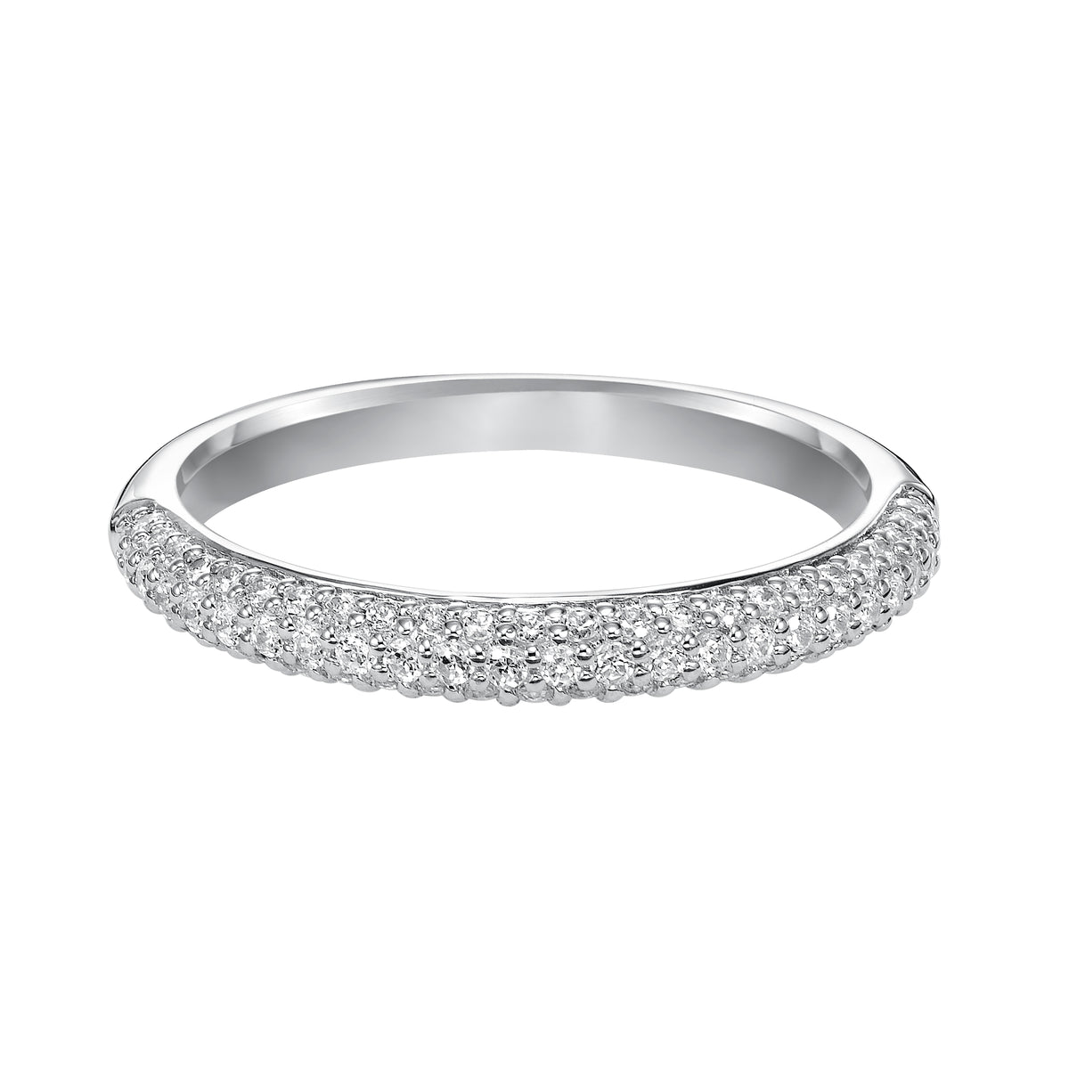 Wedding band with multi-row, bead set, round diamonds.