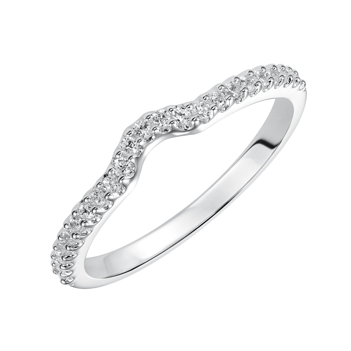 Wedding band with high polished shank and delicate, linear design.