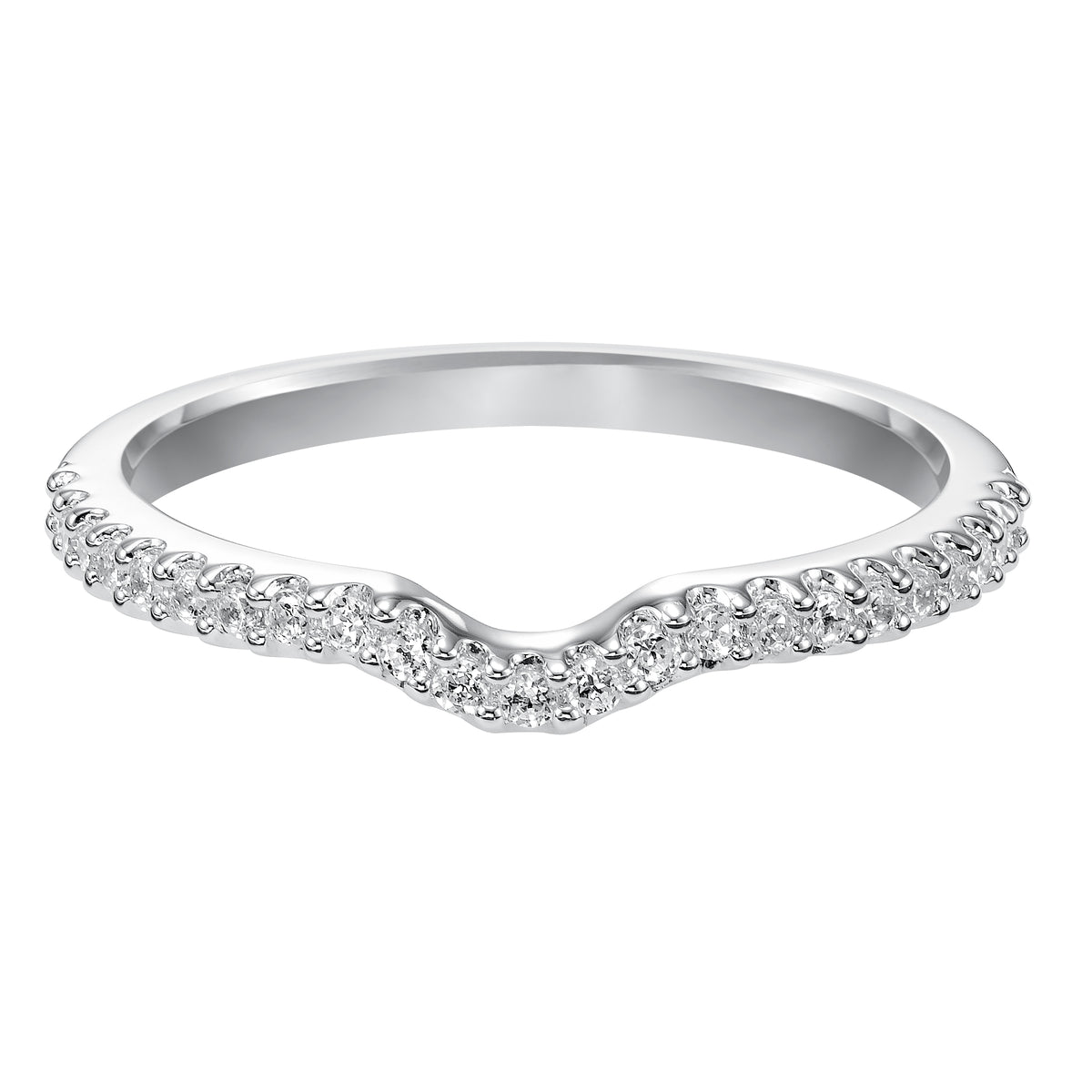 Wedding band with high polished shank and delicate, linear design.