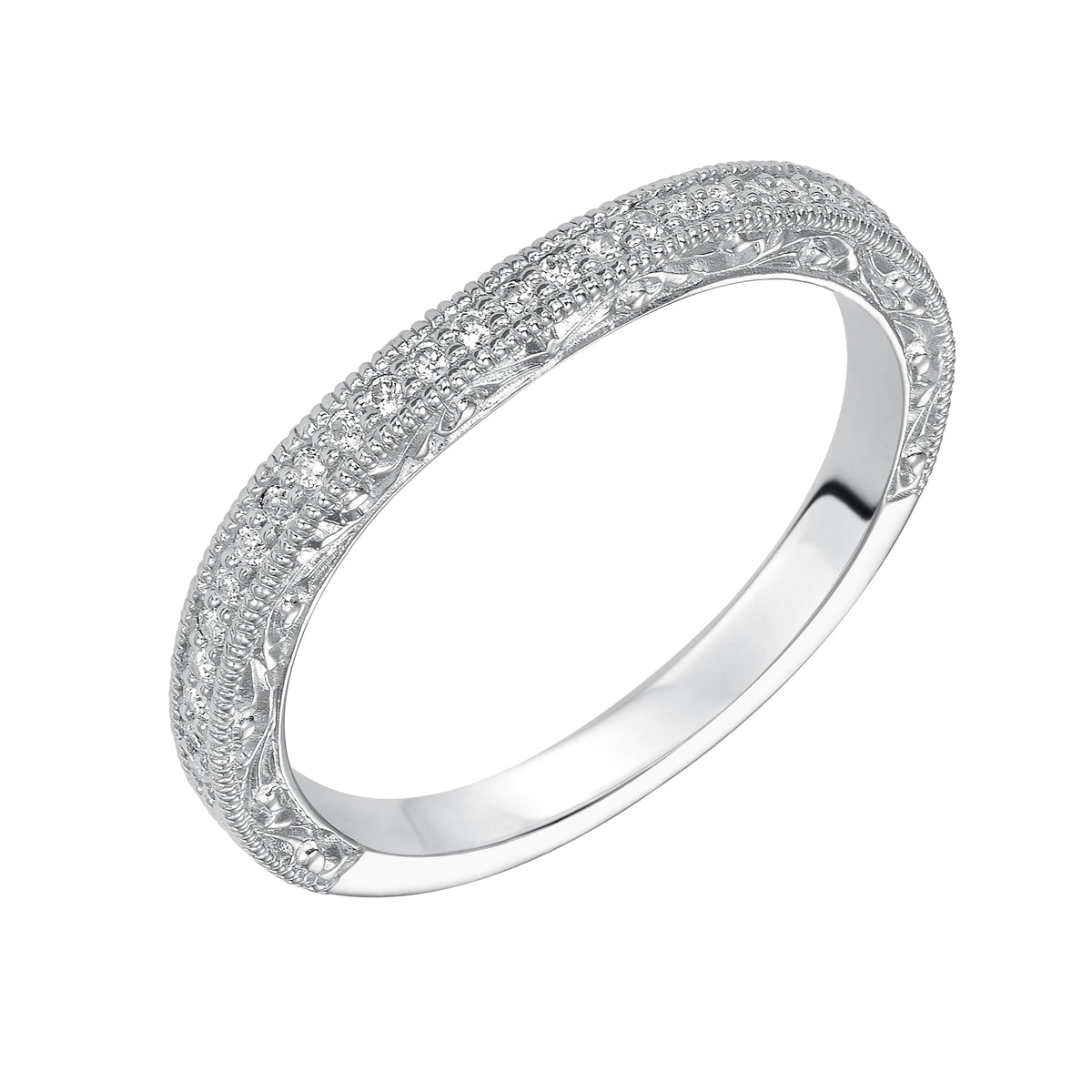Wedding band with bead set, round diamonds, milgrain, engraving and curved design to fit flush with matching engagement ring.