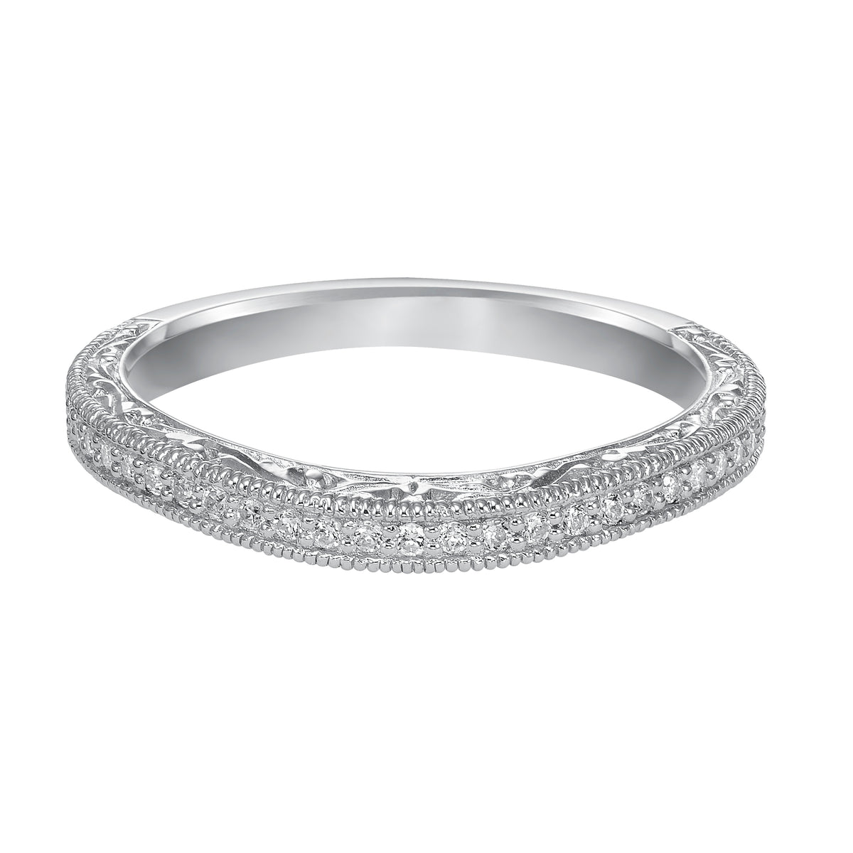 Wedding band with bead set, round diamonds, milgrain, engraving and curved design to fit flush with matching engagement ring.