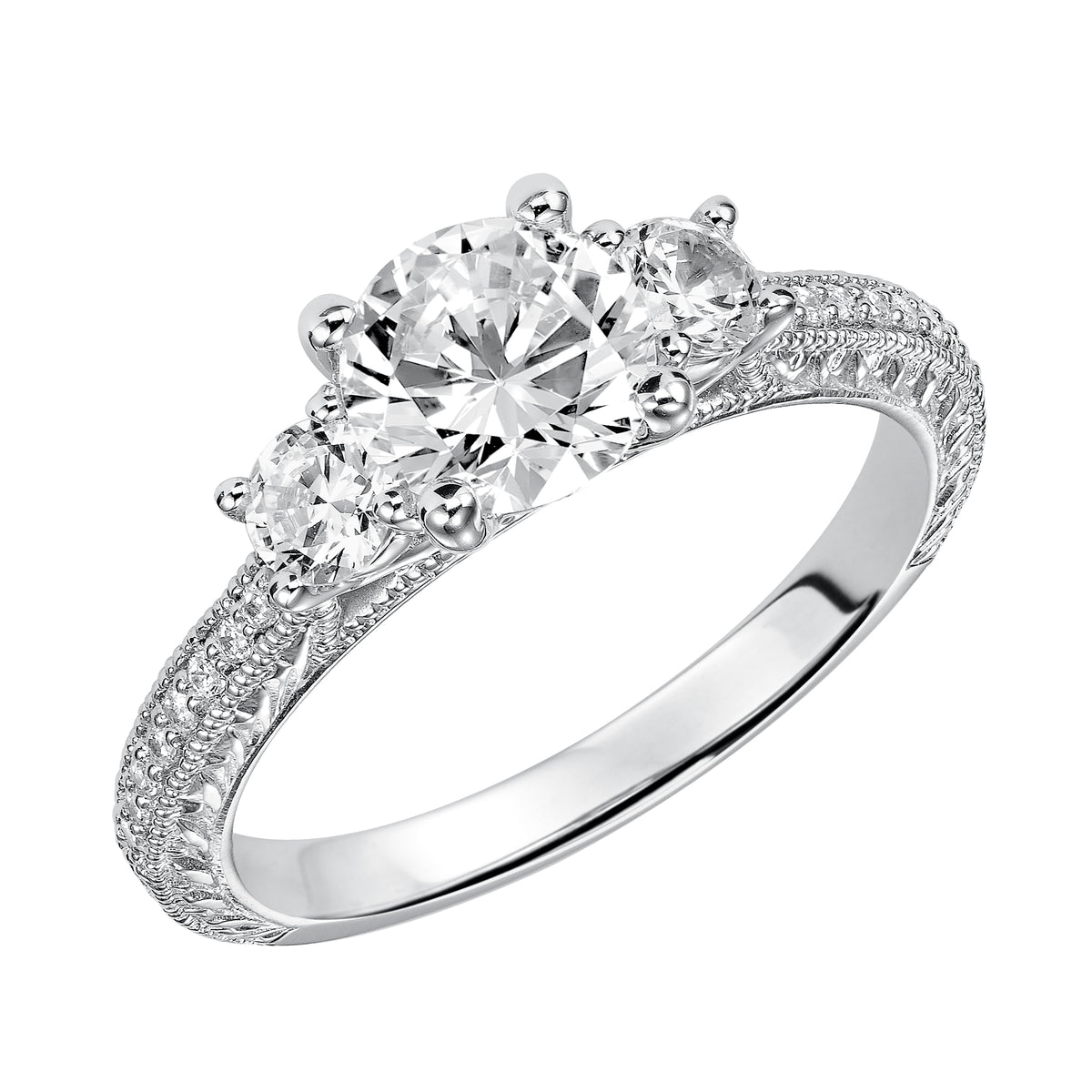 This eye-catching 3-stone engagement sparkles with its diamond prong set band with engraving and milgrain details