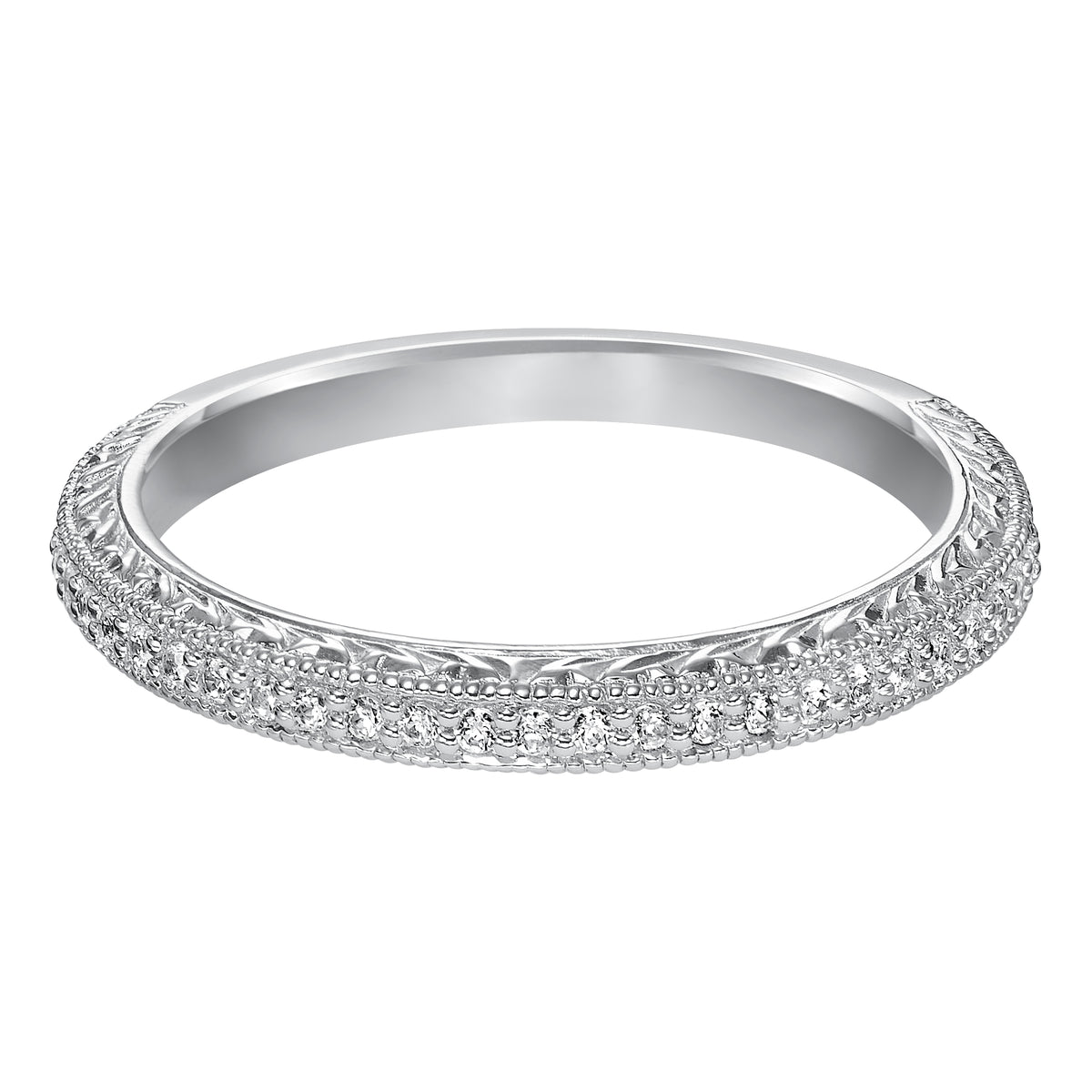 Wedding band with bead set, round diamonds, engraving and milgrain.
