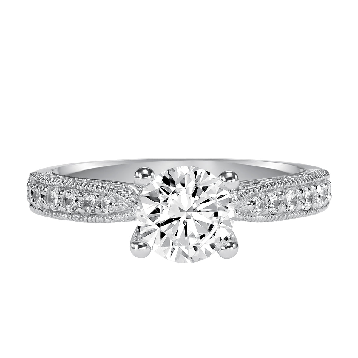 Milgrain detailing accents the diamond prong set band of this magnificent engagement ring