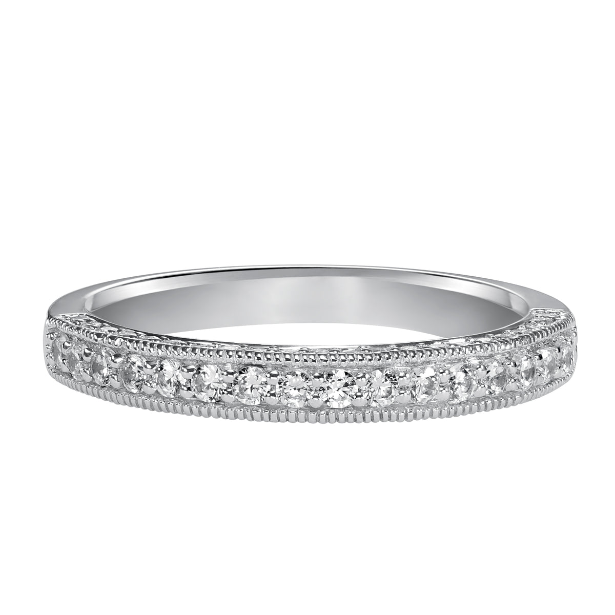 Wedding band with multi-row, bead set round diamonds and milgrain.