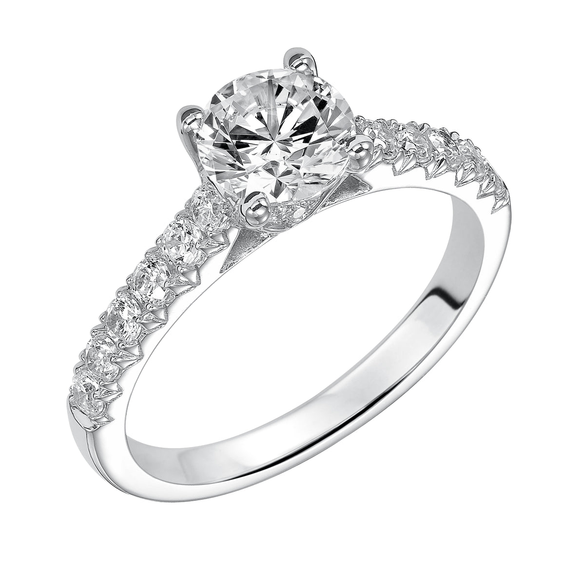 Prong set diamonds grace the band of this strikingly timeless round diamond engagement ring