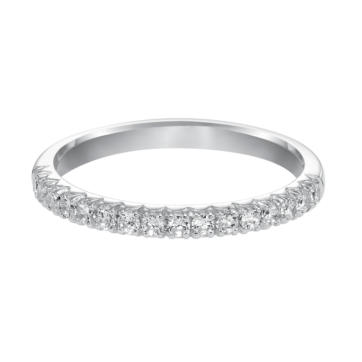 Wedding band with shared prong set, round diamonds.