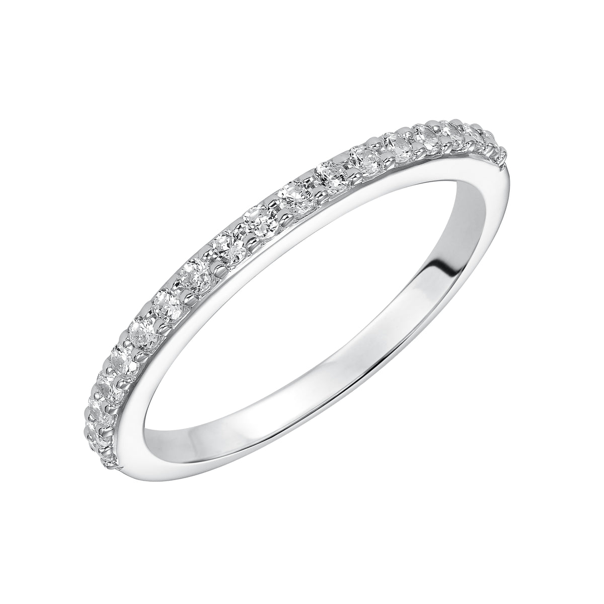 Wedding band with prong set, round diamonds.
