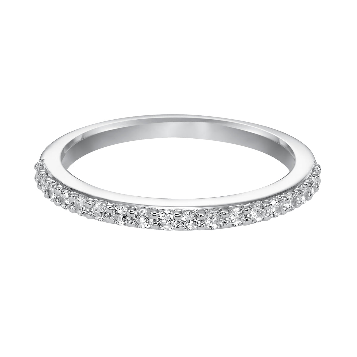 Wedding band with prong set, round diamonds.
