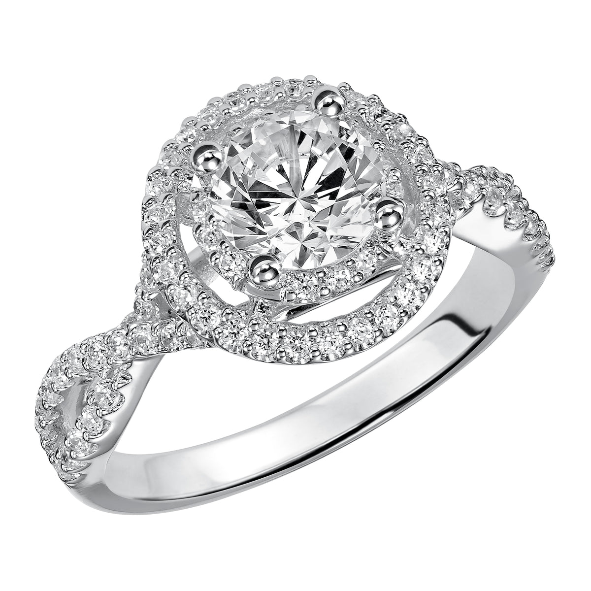 This enchanting engagement ring features a round diamond brilliantly accentuated with a diamond prong set floating double halo and delicate twisted diamond prong set band