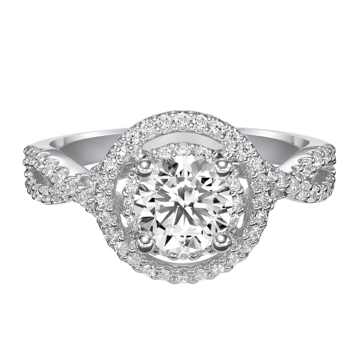 This enchanting engagement ring features a round diamond brilliantly accentuated with a diamond prong set floating double halo and delicate twisted diamond prong set band