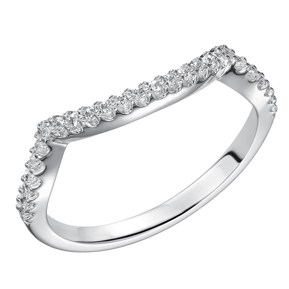 Wedding band with shared prong set, round diamonds and curved design to fit flush with matching engagement ring.
