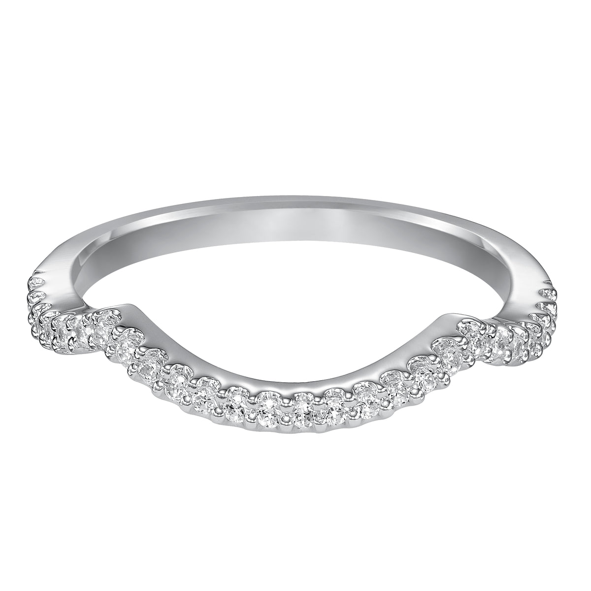 Wedding band with shared prong set, round diamonds and curved design to fit flush with matching engagement ring.