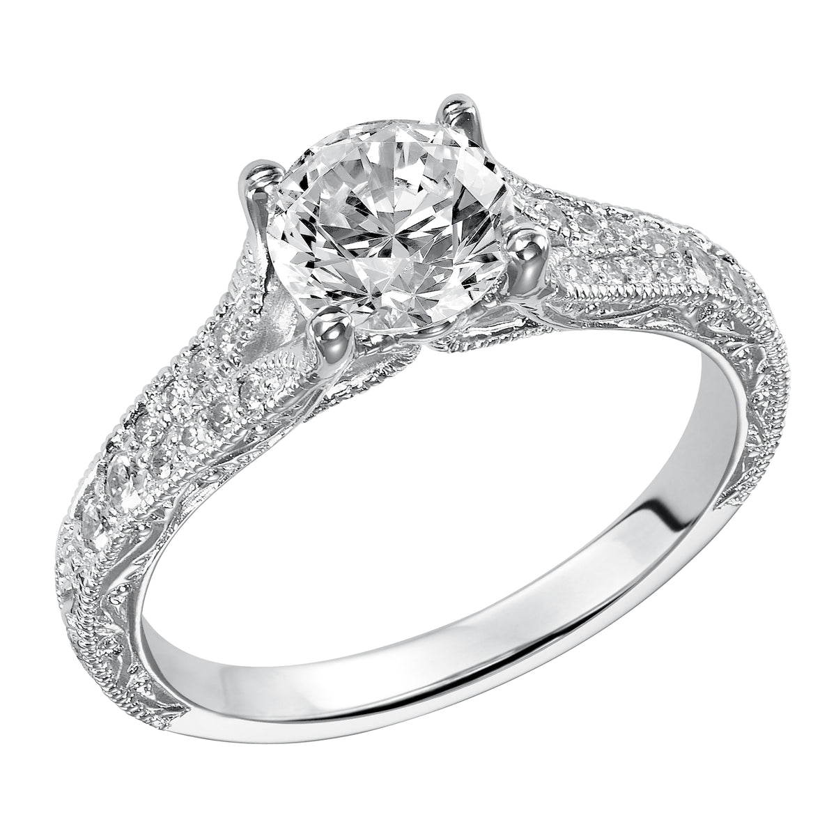 This vintage chic inspired design features a diamond prong set split band with delicate engraving and milgrain accents