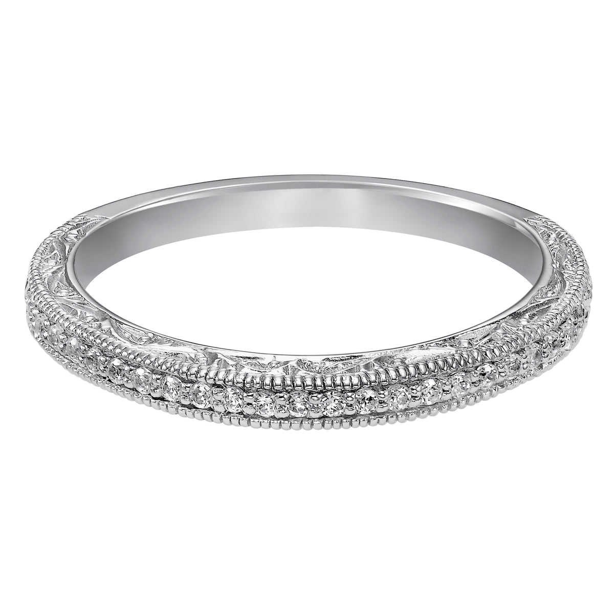 Wedding band with bead set, round diamonds, engraving and milgrain.