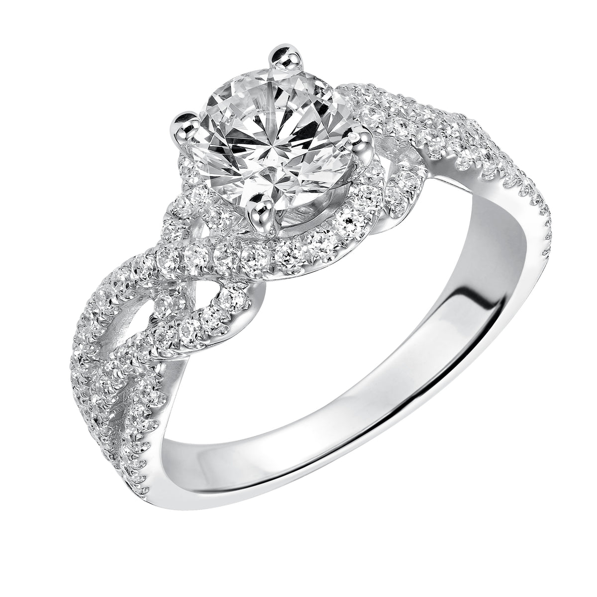 Shimmer and sparkle with this modern woven free form engagement ring featuring prong set diamonds gracing the band