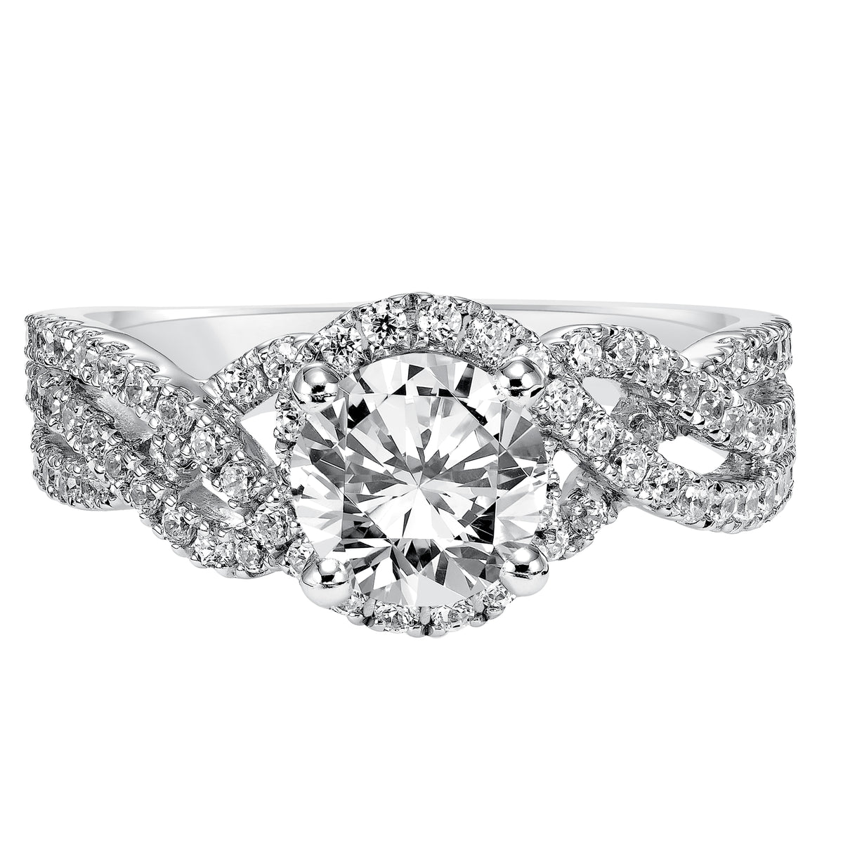Shimmer and sparkle with this modern woven free form engagement ring featuring prong set diamonds gracing the band