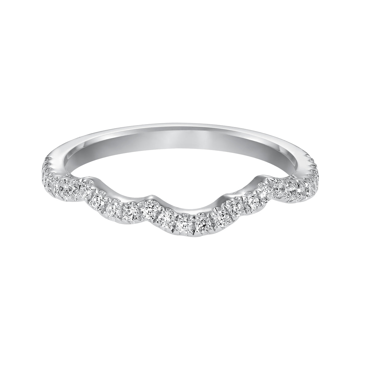 Wedding band with prong set, round diamonds and curved to fit flush with matching engagement ring.