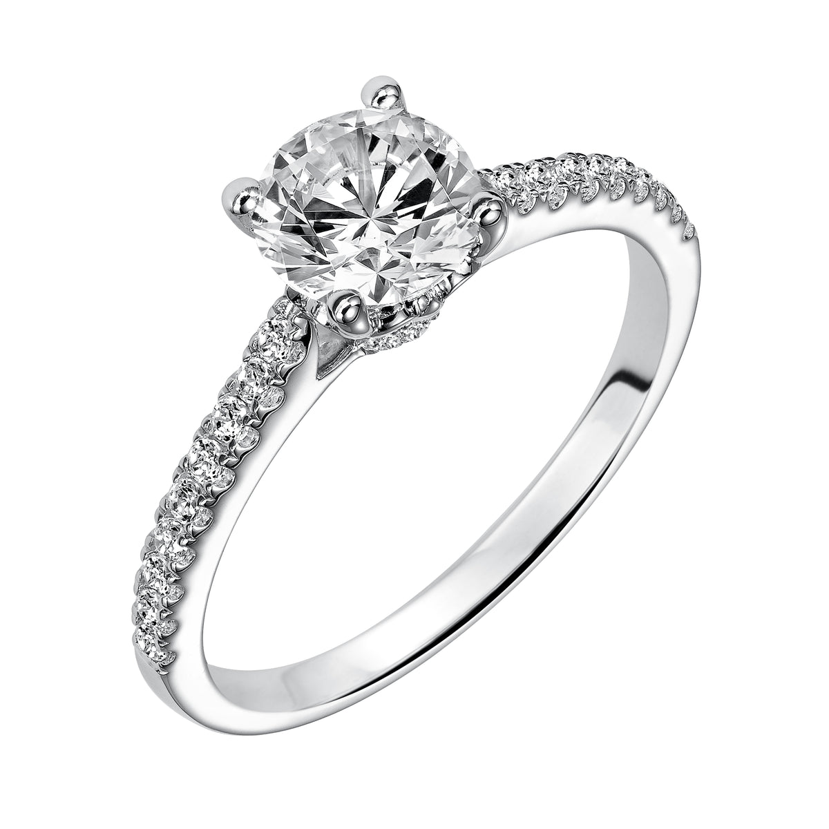 This round diamond engagement ring is simple yet gorgeous featuring a delicate diamond prong set band