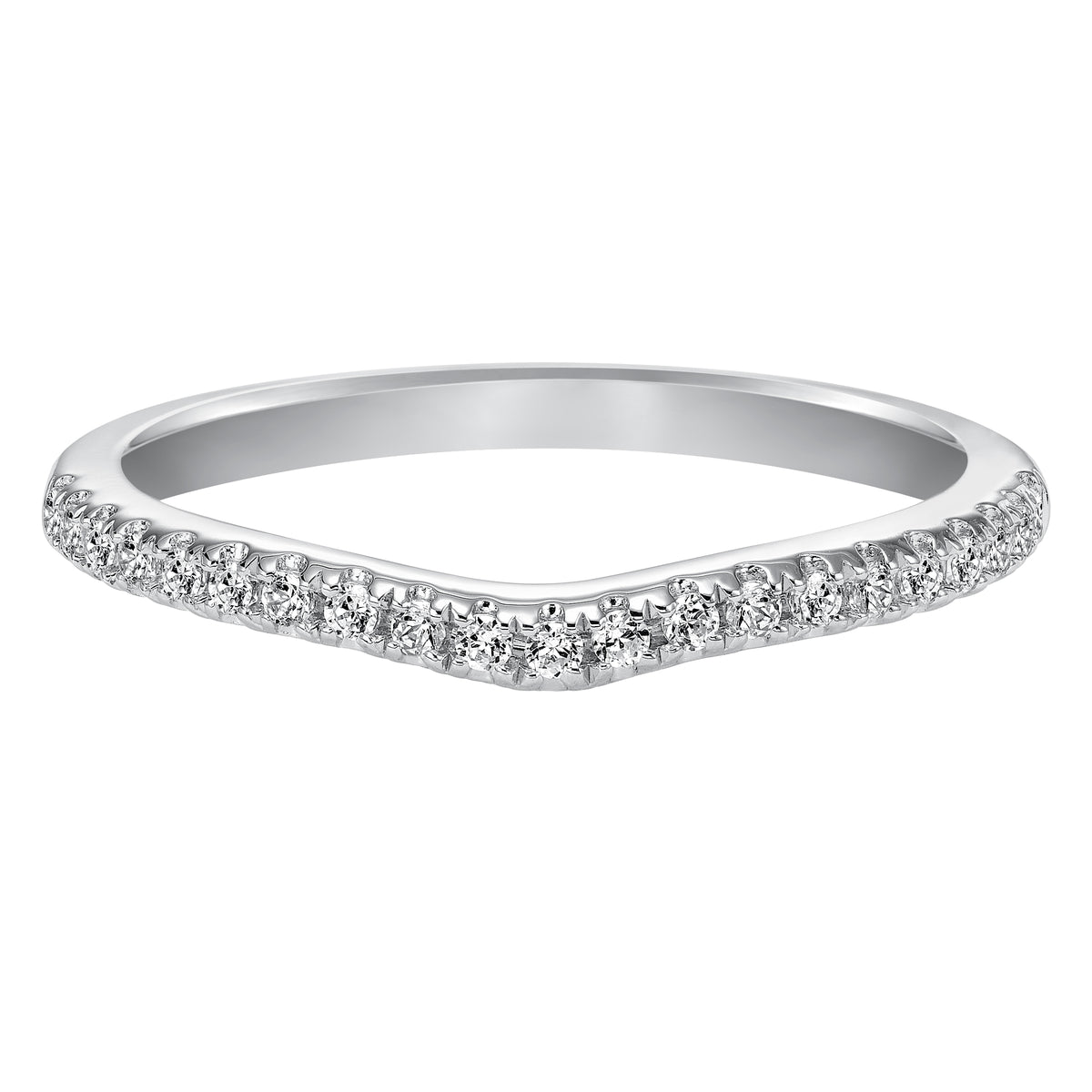 Wedding band with prong set, round diamonds and curved to fit flush with matching engagement ring.