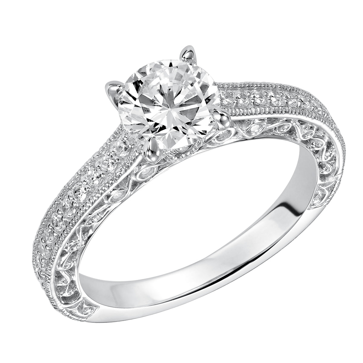 This round brilliant diamond is complimented by stunning diamond prong set and filigree band