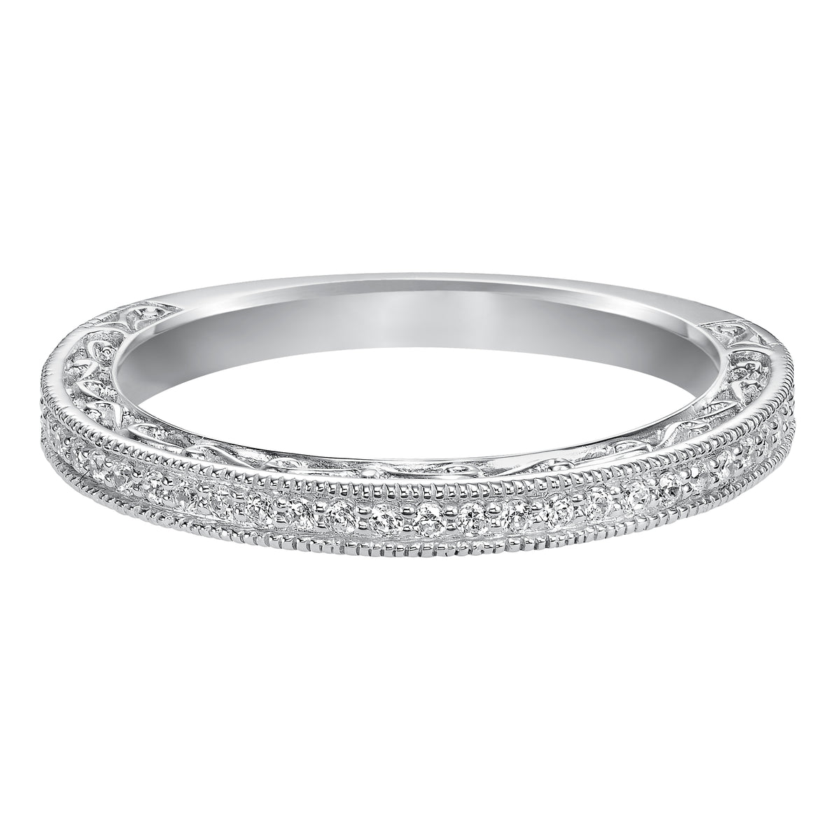 Wedding band with bead set, round diamonds, engraving and milgrain.
