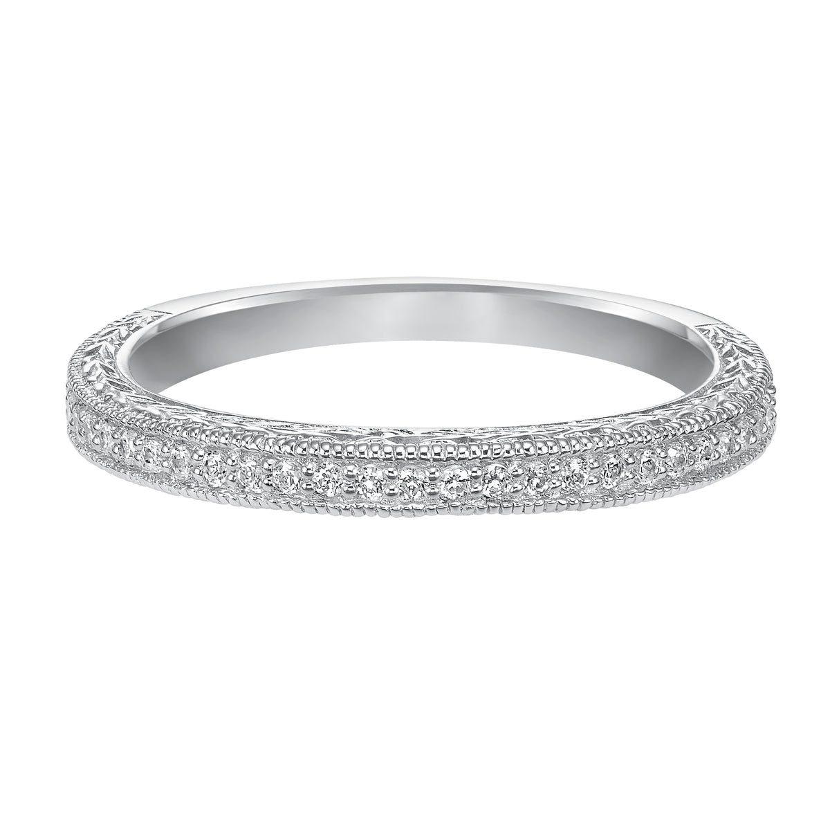 Wedding band with bead set, round diamonds, engraving and milgrain.