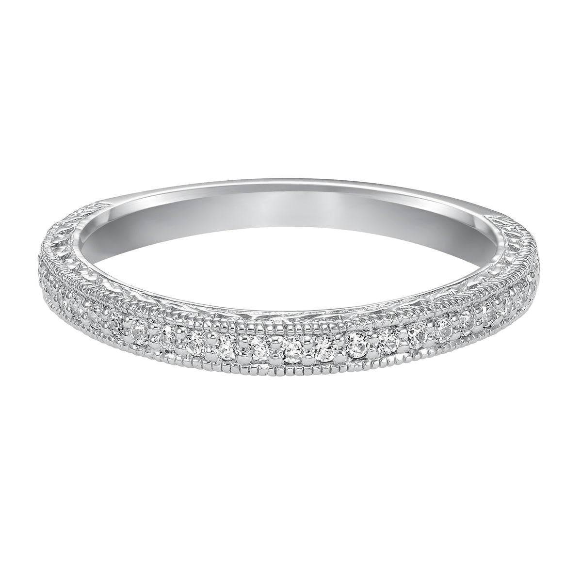 Wedding band with bead set, round diamonds, milgrain, engraving and curved design to fit flush with matching engagement ring.