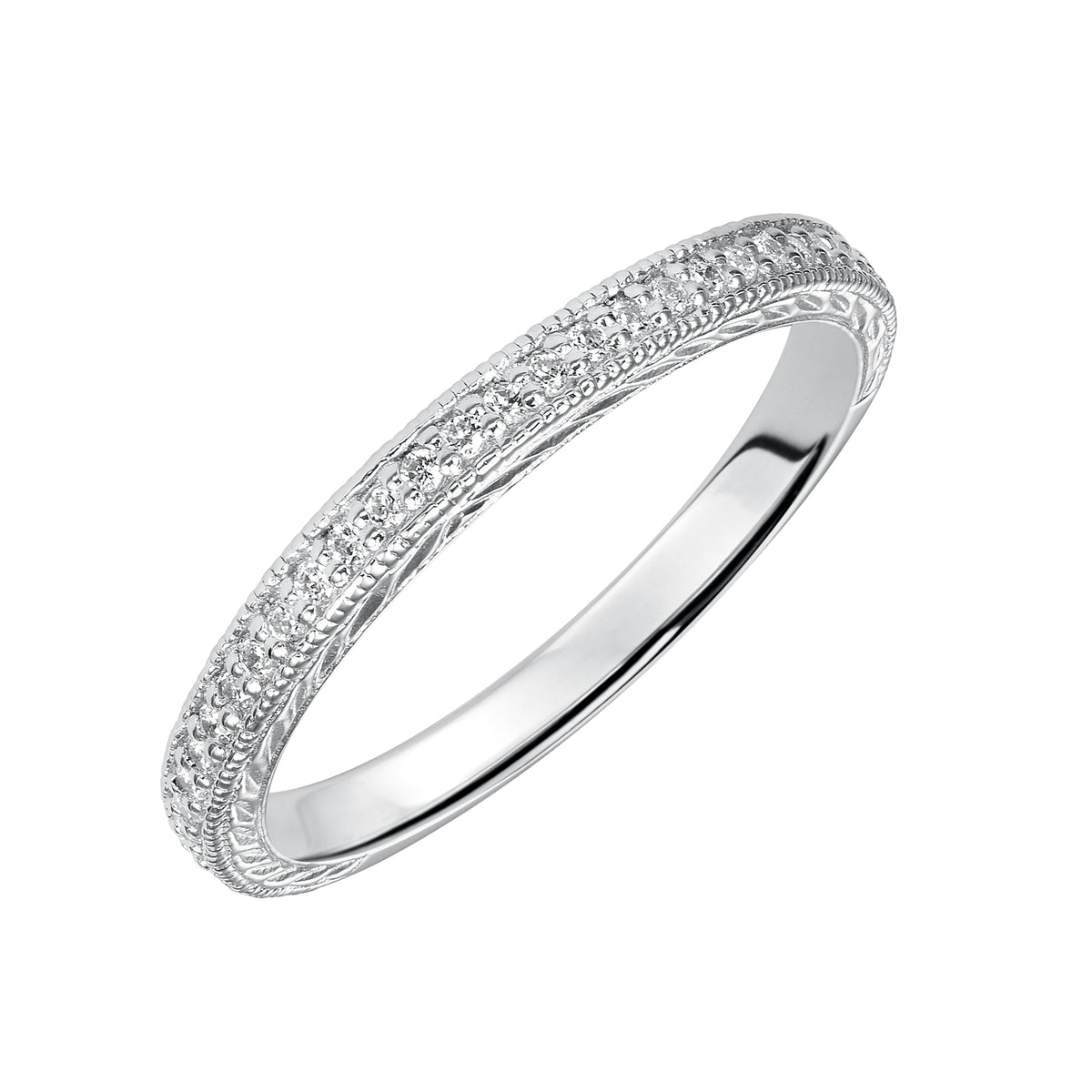 Wedding band with bead set, round diamonds, engraving and milgrain.